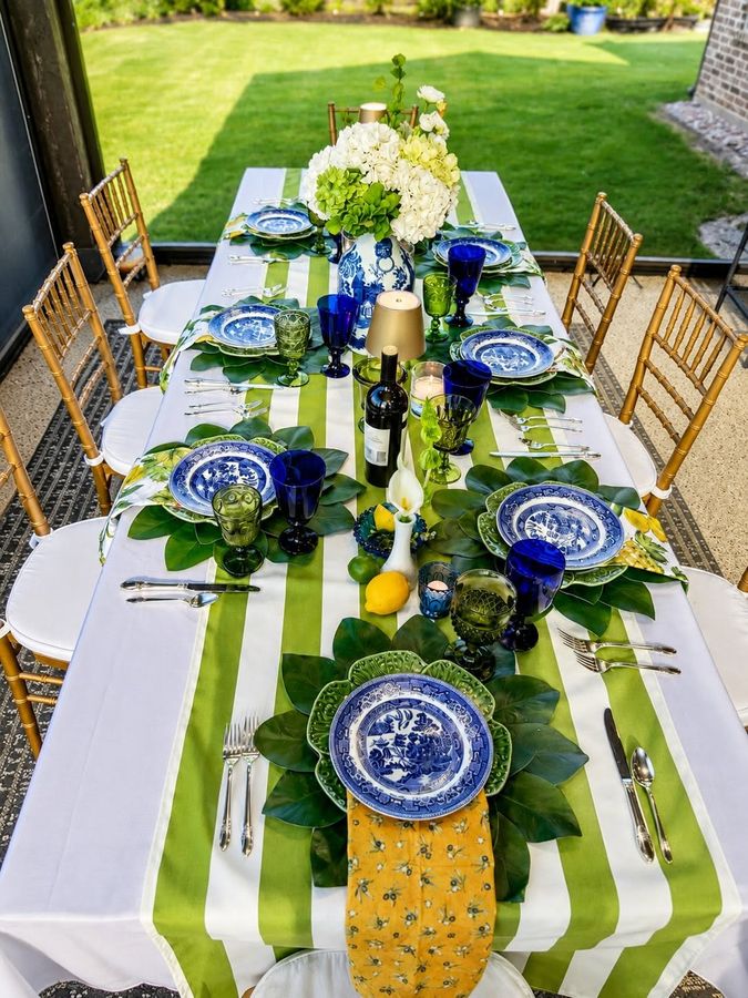 Blue and green table setting