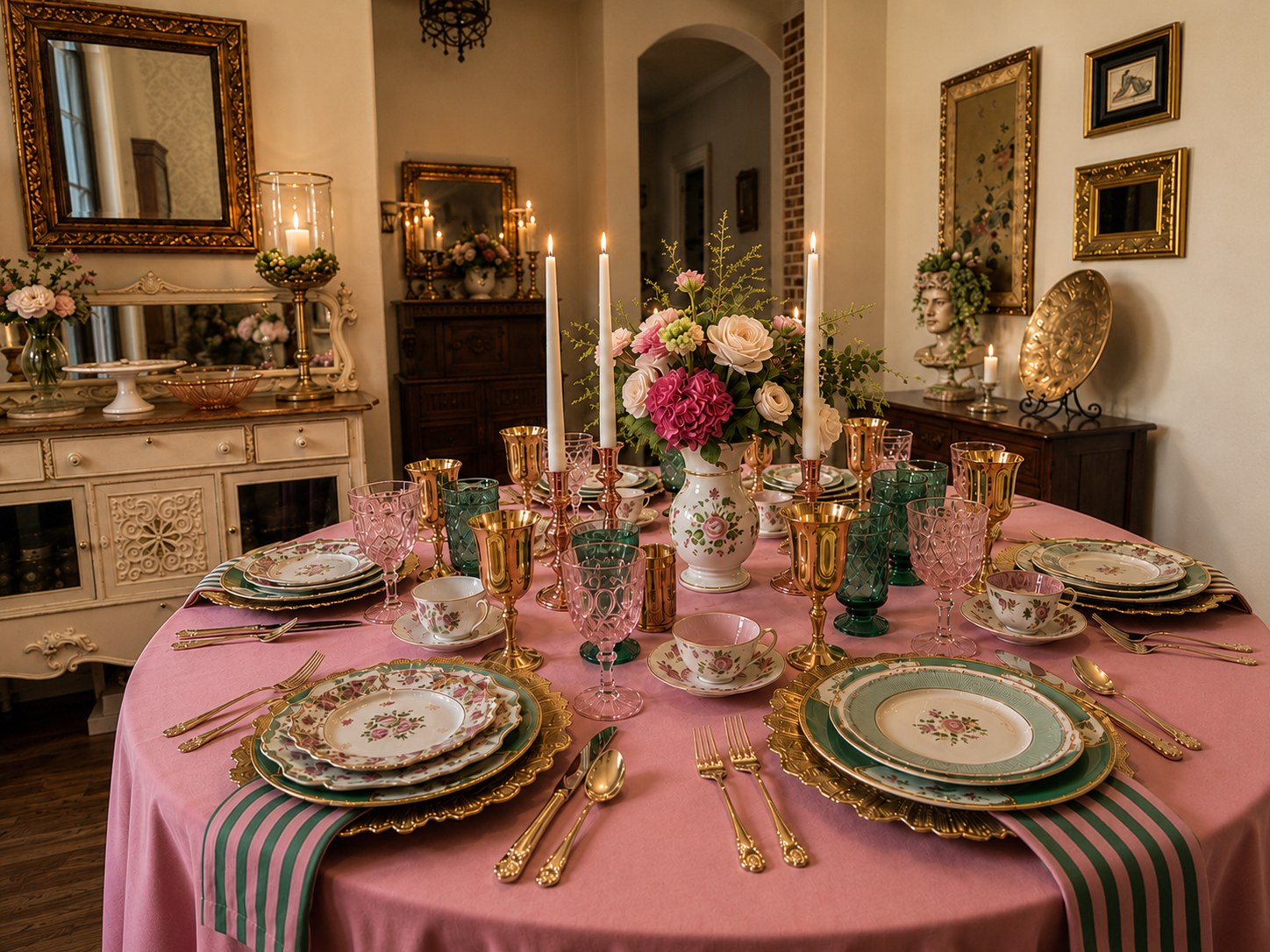 Dining room set with a pink linen table, green and gold vintage china, coloured goblets and taper candles