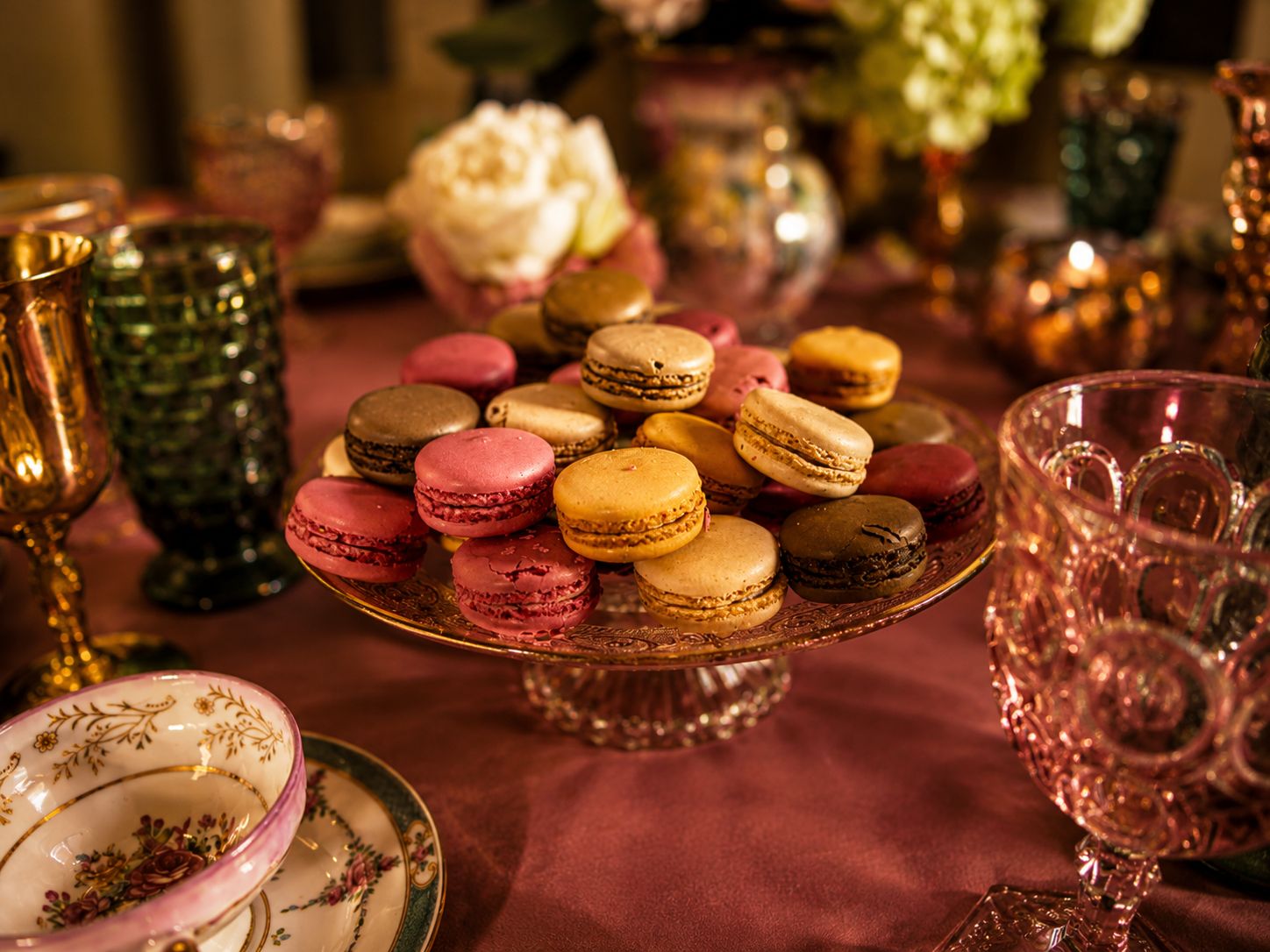 Dessert table &mdash; macaron tower and vintage stands