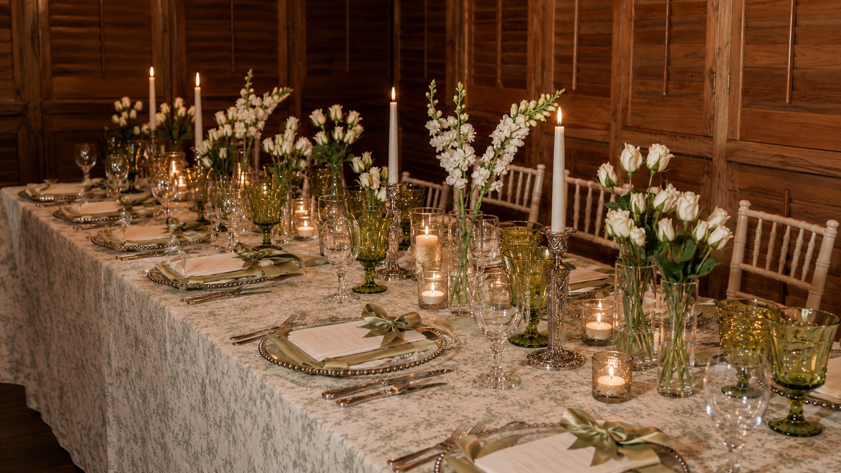 Full length of a wedding banquet table, candlelit