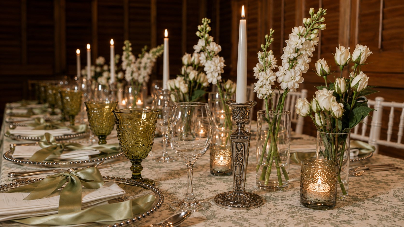 Long banquet table laid with candles, greenery and vintage glassware